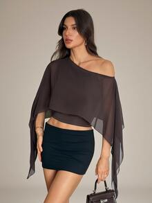SHEIN Tall Atasan Crop Top Wanita Elegan Warna Polos dengan Patchwork Jala dan Bahu Asimetris, Atasan Musim Panas - Coklat - View 5