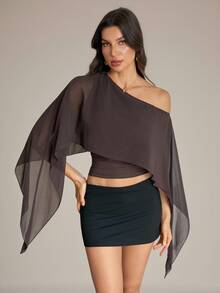 SHEIN Tall Atasan Crop Top Wanita Elegan Warna Polos dengan Patchwork Jala dan Bahu Asimetris, Atasan Musim Panas - Coklat - View 6