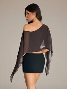 SHEIN Tall Atasan Crop Top Wanita Elegan Warna Polos dengan Patchwork Jala dan Bahu Asimetris, Atasan Musim Panas - Coklat - View 3