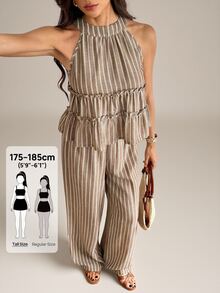 SHEIN Tall Women's Brown Striped Bohemian Style Summer 2-Piece Set: Sleeveless Ruffle Halter Top With Wide Leg Pants - Suitable For Vacation, Casual And Beach Wear - Brown - View 1