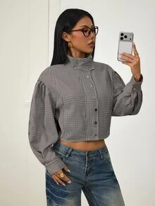 SHEIN PETITE جاكيت نسائي منسوج بنقشة مربعات بني للخريف/الشتاء - متعدد الألوان - مشاهدة 7