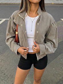 SHEIN PETITE جاكيت نسائي منسوج بنقشة مربعات بني للخريف/الشتاء - متعدد الألوان - مشاهدة 8