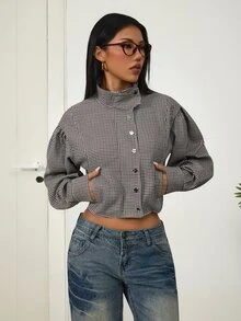 SHEIN PETITE جاكيت نسائي منسوج بنقشة مربعات بني للخريف/الشتاء - متعدد الألوان - مشاهدة 6