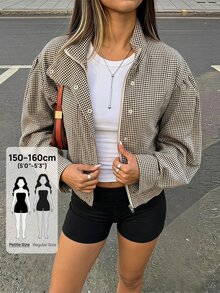 SHEIN PETITE جاكيت نسائي منسوج بنقشة مربعات بني للخريف/الشتاء - متعدد الألوان - مشاهدة 1