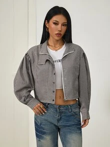 SHEIN PETITE جاكيت نسائي منسوج بنقشة مربعات بني للخريف/الشتاء - متعدد الألوان - مشاهدة 10
