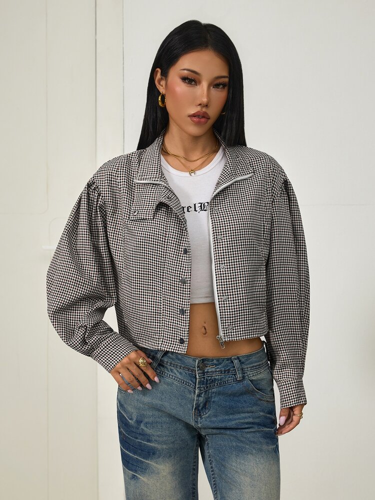 SHEIN PETITE 女款棕色格紋編織外套，適合秋冬穿著 - 彩色 - 查看 10