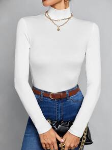SHEIN Tall Simple Solid Color Slim High Collar All White Top Suitable For Autumn And Winter, Tall Women Office Business Basic Simple - White - View 9