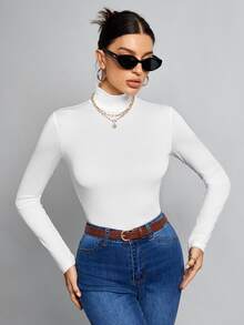 SHEIN Tall Simple Solid Color Slim High Collar All White Top Suitable For Autumn And Winter, Tall Women Office Business Basic Simple - White - View 8