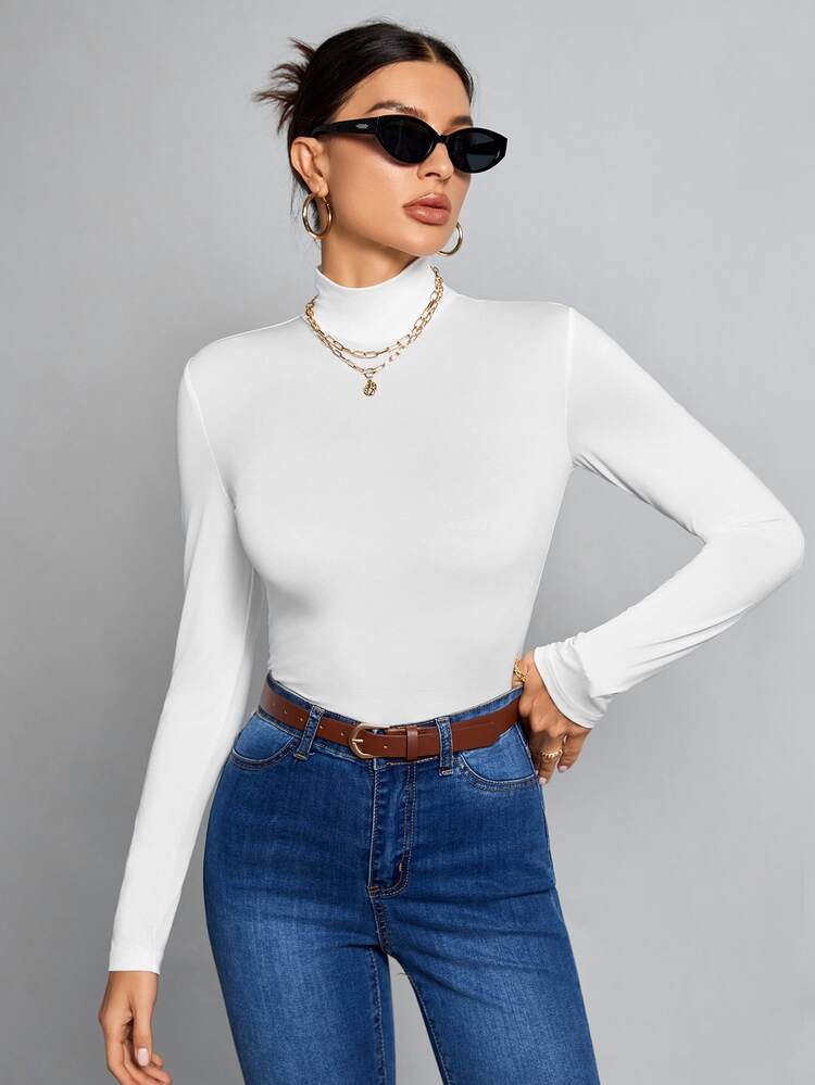 SHEIN Tall Simple Solid Color Slim High Collar All White Top Suitable For Autumn And Winter, Tall Women Office Business Basic Simple - White - View 6