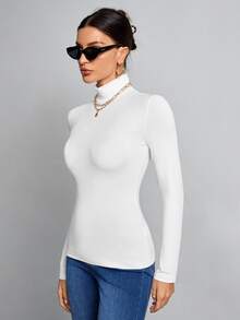 SHEIN Tall Simple Solid Color Slim High Collar All White Top Suitable For Autumn And Winter, Tall Women Office Business Basic Simple - White - View 6