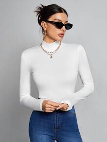 SHEIN Tall Simple Solid Color Slim High Collar All White Top Suitable For Autumn And Winter, Tall Women Office Business Basic Simple - White - View 4