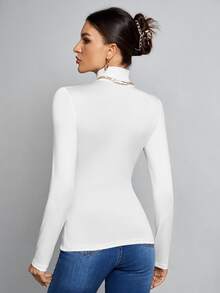 SHEIN Tall Simple Solid Color Slim High Collar All White Top Suitable For Autumn And Winter, Tall Women Office Business Basic Simple - White - View 3