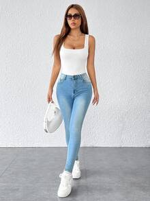 SHEIN PETITE 純色寬肩帶基礎彈性白色緊身連身衣，適合嬌小女性 - 白色 - 查看 4