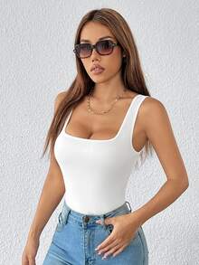 SHEIN PETITE 純色寬肩帶基礎彈性白色緊身連身衣，適合嬌小女性 - 白色 - 查看 5