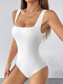 SHEIN PETITE 純色寬肩帶基礎彈性白色緊身連身衣，適合嬌小女性 - 白色 - 查看 8