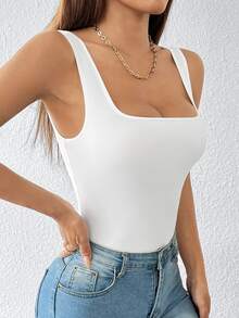 SHEIN PETITE 純色寬肩帶基礎彈性白色緊身連身衣，適合嬌小女性 - 白色 - 查看 6
