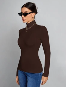 SHEIN Tall Simple Solid Color Slim High Collar Brown Top Suitable For Autumn And Winter, Tall Women - Brown - View 6