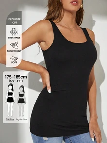 SHEIN Tall Camiseta de tirantes de cuello redondo liso, para mujer alta, uso diario, para salir, para casa, negro, verano, minimalista, casual, modesta - Negro - Ver 2