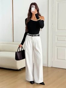 SHEIN Tall 女款高身長白色抓絨內裡長褲，附口袋，時尚休閒，適合上班穿著 - 白色 - 查看 5