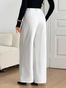 SHEIN Tall 女款高身長白色抓絨內裡長褲，附口袋，時尚休閒，適合上班穿著 - 白色 - 查看 2