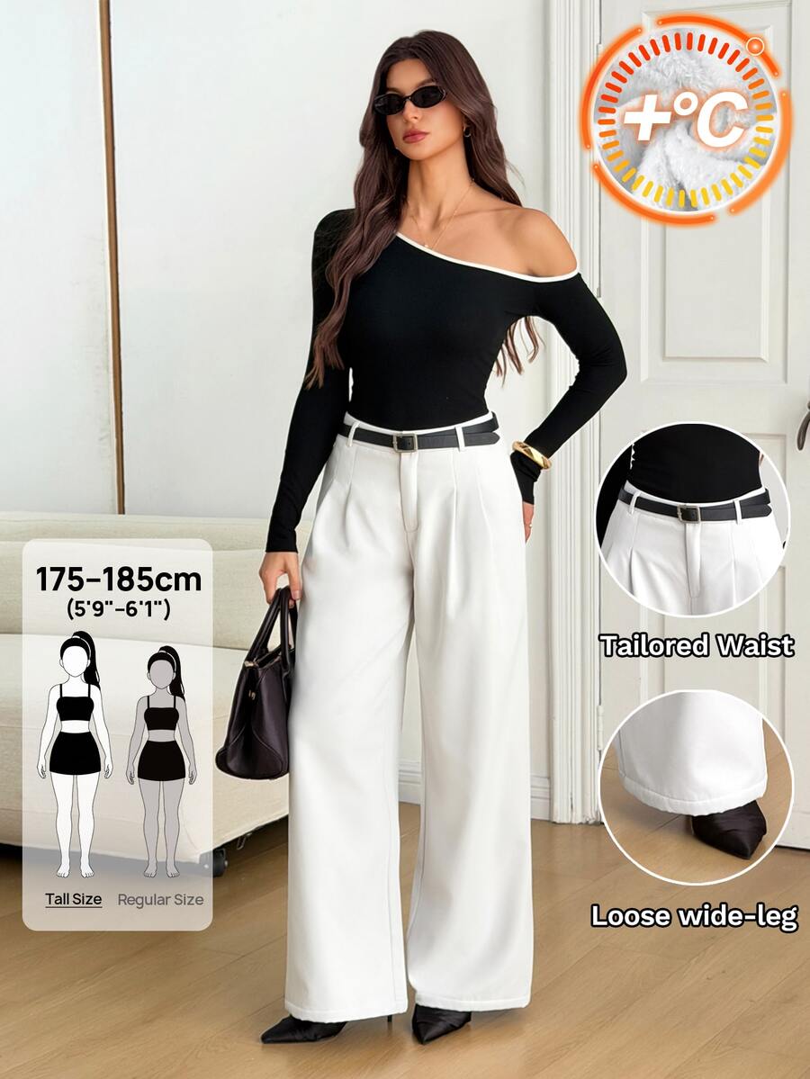 SHEIN Tall 女款高身長白色抓絨內裡長褲,附口袋,時尚休閒,適合上班穿著 - 白色 - 查看 1