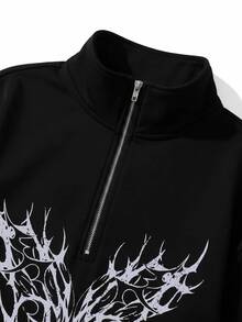 SHEIN CURVE+ 花卉圖案寬鬆灰色半拉鍊大尺碼 22W 女款 2026 秋冬萬聖節服裝 - 黑色 - 查看 5