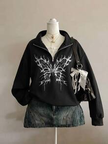 SHEIN CURVE+ 花卉圖案寬鬆灰色半拉鍊大尺碼 22W 女款 2026 秋冬萬聖節服裝 - 黑色 - 查看 7