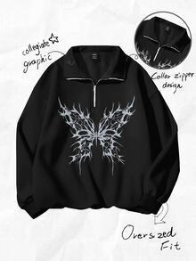 SHEIN CURVE+ 花卉圖案寬鬆灰色半拉鍊大尺碼 22W 女款 2026 秋冬萬聖節服裝 - 黑色 - 查看 1