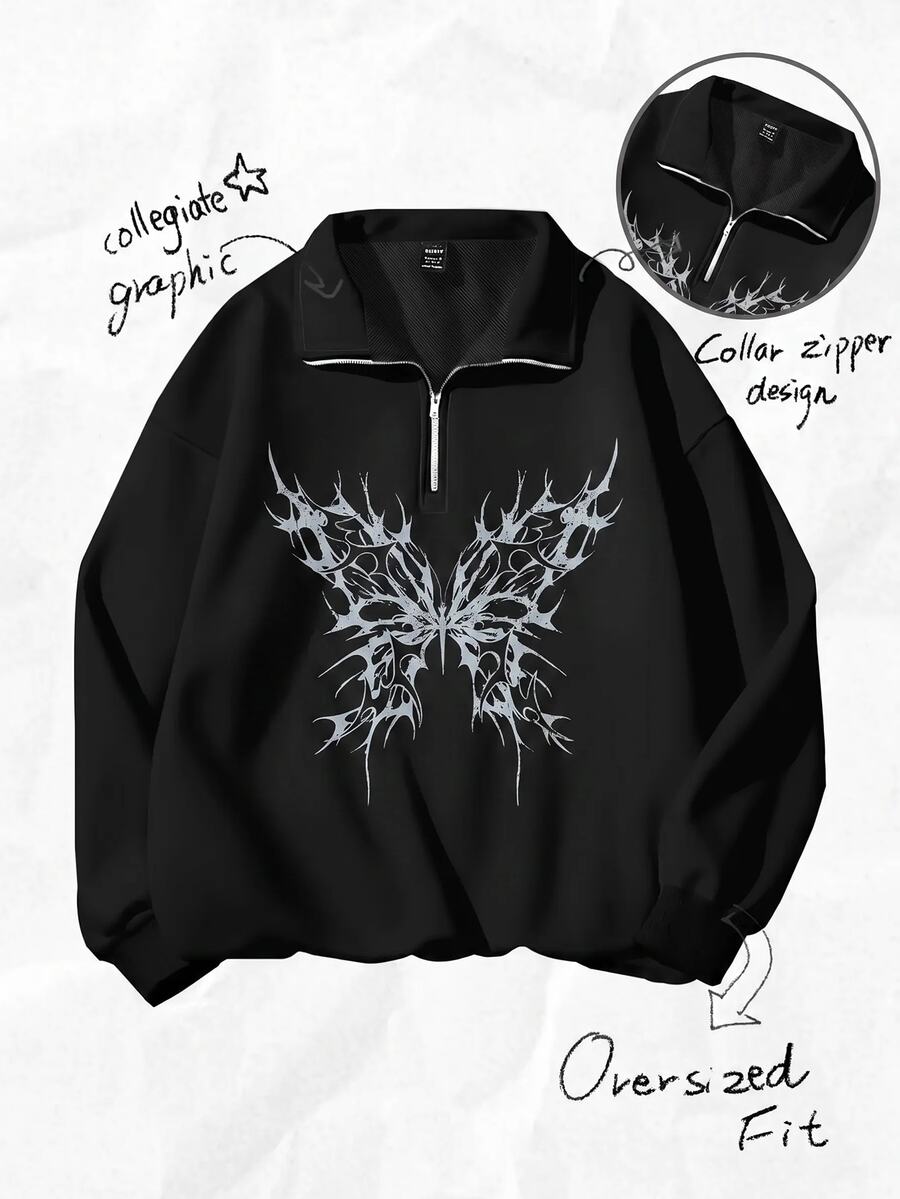 SHEIN CURVE+ 花卉圖案寬鬆灰色半拉鍊大尺碼 22W 女款 2026 秋冬萬聖節服裝 - 黑色 - 查看 1