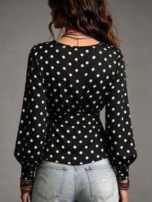 SHEIN Casual Commute Elegant V-Neck Long Sleeve Polka Dot Blouse, Women's Shirt, Top, Casual Shirt, Spring/Autumn New Style, Early Autumn Outfit, Date, Commute, Outing, Party, Daily, Travel Fashion Item - Black - View 4