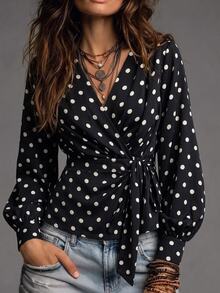 SHEIN Casual Commute Elegant V-Neck Long Sleeve Polka Dot Blouse, Women's Shirt, Top, Casual Shirt, Spring/Autumn New Style, Early Autumn Outfit, Date, Commute, Outing, Party, Daily, Travel Fashion Item - Black - View 2