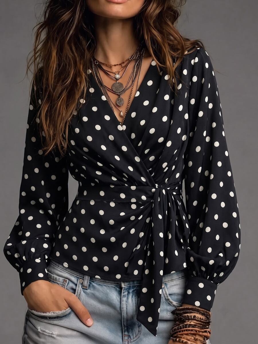 SHEIN Casual Commute Elegant V-Neck Long Sleeve Polka Dot Blouse, Women's Shirt, Top, Casual Shirt, Spring/Autumn New Style, Early Autumn Outfit, Date, Commute, Outing, Party, Daily, Travel Fashion Item
