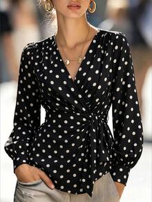 SHEIN Casual Commute Elegant V-Neck Long Sleeve Polka Dot Blouse, Women's Shirt, Top, Casual Shirt, Spring/Autumn New Style, Early Autumn Outfit, Date, Commute, Outing, Party, Daily, Travel Fashion Item - Black - View 6
