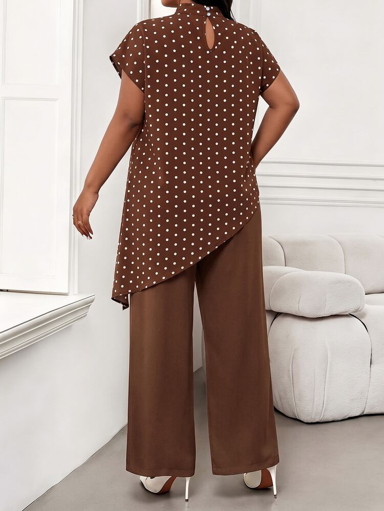 SHEIN Lady قميص نسائي أنيق وكاجوال بنقشة بولكا دوت من القماش مقاس كبير بلون القهوة مع حافة غير متماثلة - بني - مشاهدة 2