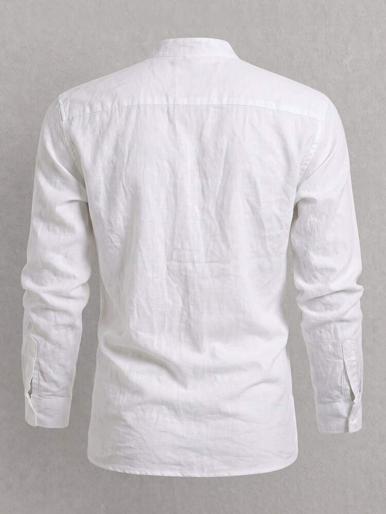Mainfolk Men Cotton Solid Button Front Shirt, Fall, Long Sleeve Top, Vacation, Father's Day Gifts - White - View 3