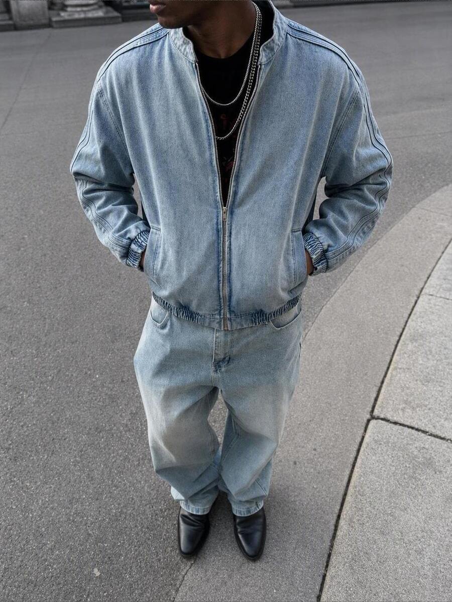 Mainfolk Men's Rapper Athleisure Grunge Streetwear Casual Washed Denim Jacket Street Y2K Back To School Winter/Autumn - Blue - View 1