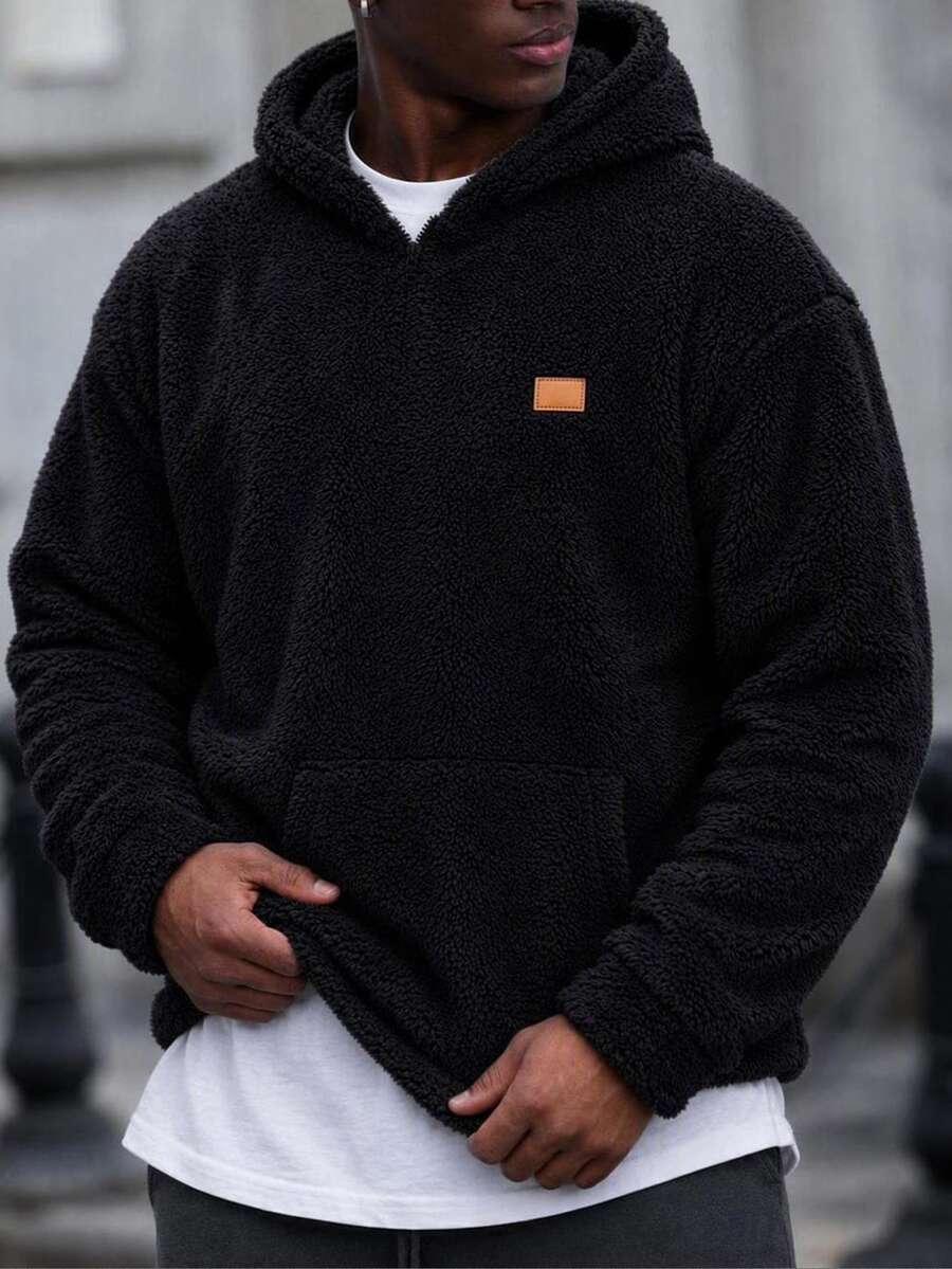 Mainfolk Men's Casual Streetwear Black Pullover Sweatshirt Soft Plush Loose Fit Hooded Pullover Sweatshirt Top For Autumn Beach Vacation, Vintage Y2K Baggy Streetwear, For Holiday - Black - View 1