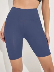 SHEIN Sports 女士极简纯色高腰拼接手机口袋塑形提拉运动短裤 - 藍色 - 查看 3