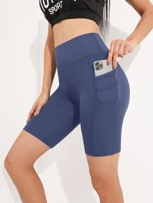 SHEIN Sports 女士极简纯色高腰拼接手机口袋塑形提拉运动短裤 - 藍色 - 查看 4