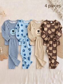 4pcs Baby Boy Comfortable Soft Grey Blue Striped Teddy Bear All-Over Print 3D Ear Decor Round Neck Long Sleeve Pants Pajama Set - Blue - View 1