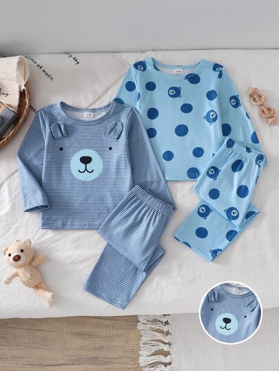 Bộ đồ ngủ 4 món cho bé trai, chất mềm thoải mái, màu xám xanh kẻ sọc, in tràn gấu Teddy, trang trí tai 3D, cổ tròn, tay dài kèm quần