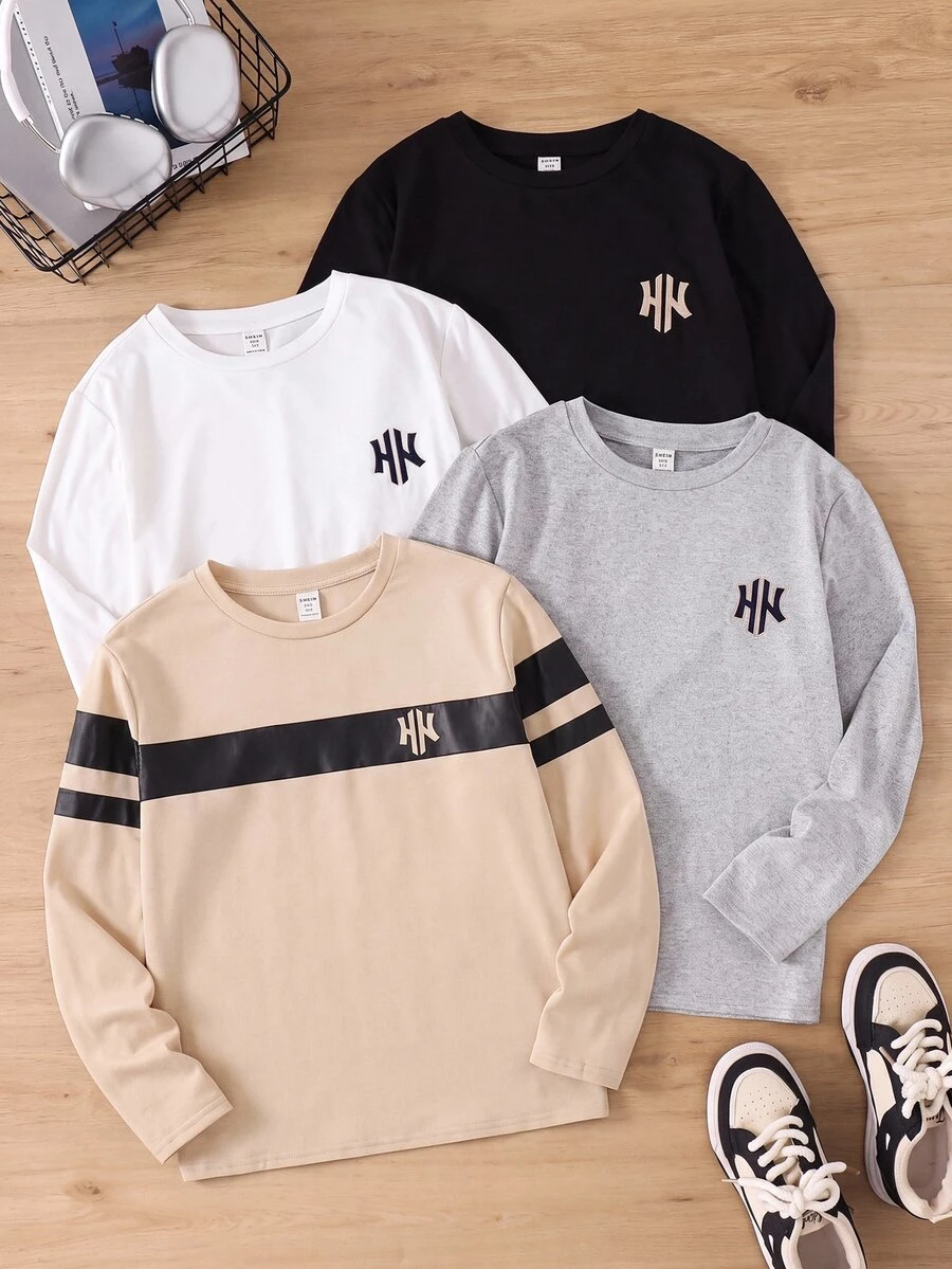 SHEIN 青少年男孩休閒寬鬆百搭條紋圓領長袖T恤上衣，適合通勤、上學、日常休閒外出與運動，春夏穿著