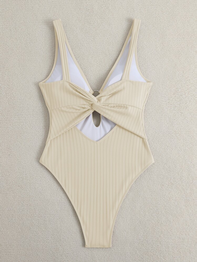 Swim Vcay New Women's Summer Spaghetti Strap Beaded Backless Textured Jacquard Fabric Deep V-Neck Sexy Breezy Beach Vacation One-Piece Swimsuit Beige - Beige - View 3