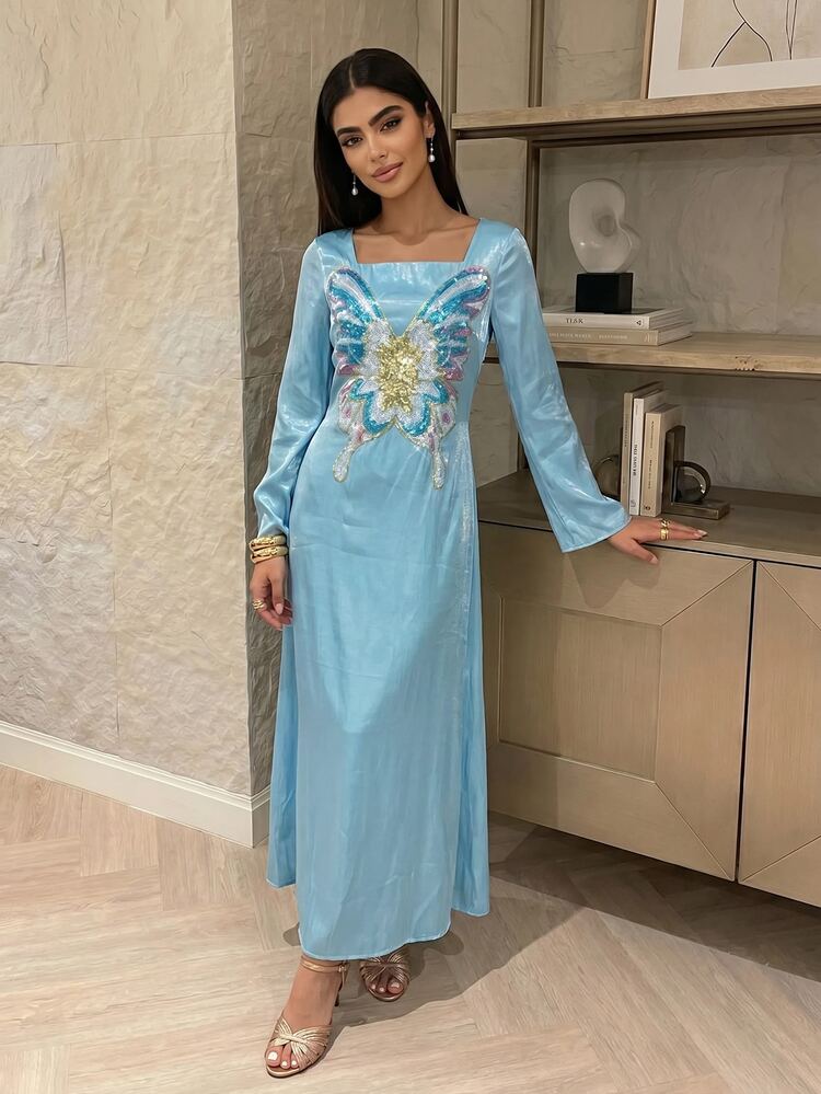 Yasmyna Women's Butterfly Pattern Square Neck Casual Party Arabian Dress - Blue - View 6