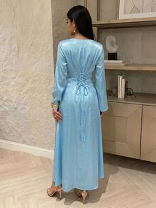 Yasmyna 女款蝴蝶圖案方領休閒派對阿拉伯風洋裝 - 藍色 - 查看 12