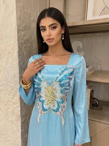 Yasmyna 女款蝴蝶圖案方領休閒派對阿拉伯風洋裝 - 藍色 - 查看 10