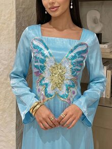 Yasmyna 女款蝴蝶圖案方領休閒派對阿拉伯風洋裝 - 藍色 - 查看 11