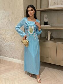 Yasmyna 女款蝴蝶圖案方領休閒派對阿拉伯風洋裝 - 藍色 - 查看 6