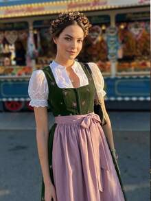 Fairmaia Women's New Embroidered Floral Color Block Patchwork Beer Festival Dress - Army Green - View 3