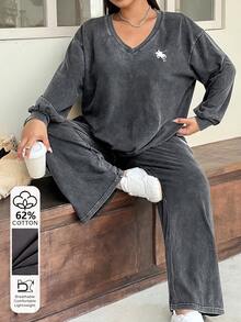Muchica 大尺碼騎士印花長袖運動衫與寬鬆長褲兩件套 - 深灰色 - 查看 1